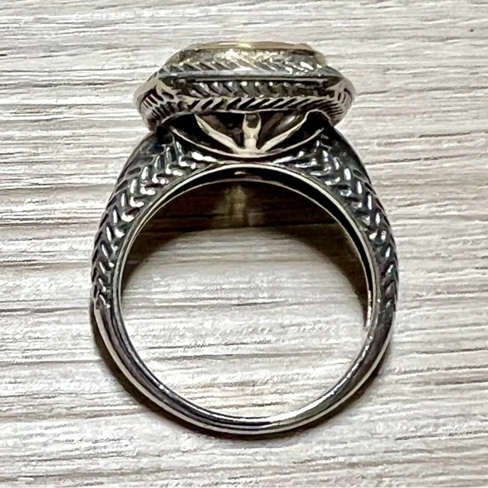 Vintage Designer Sterling Silver & Gold Brown Faceted Quartz Ring, Size 10